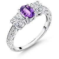 Gem Stone King 925 Sterling Silver 3-Stone Ring Oval/Checkerboard Purple Amethyst and Moissanite (1.87 Cttw)
