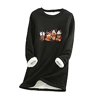 Women's Winter Warm Sherpa Lined Fleece Crewneck Halloween Pumpkin Coffee Sweatshirt Pullover Loungewear Tunic Tops