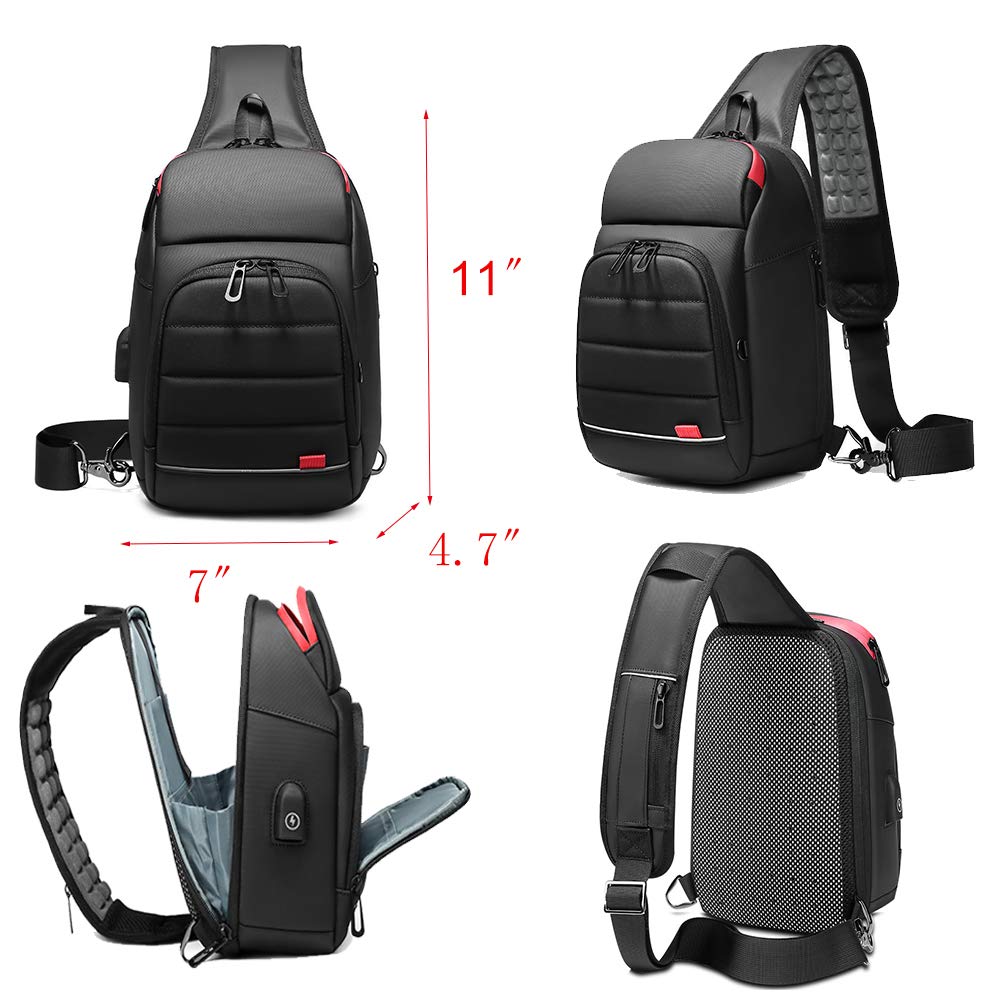Mens Sling Bag Chest Pack Bag Shoulder Crossbody Backpack Waterproof Small Travel Hiking Multipurpose Daypack with USB Charging Port