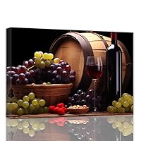 QIXIANG Red Wine Wall Art Goblet and Wine Barrel Canvas Prints Fruit Grapes Paintings Restaurant Kitchen Bar Wall Decor Frame (12.00