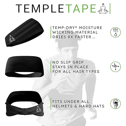 Temple Tape Headbands for Men and Women - Mens Sweatband & Sports Headband Moisture Wicking Workout Sweatbands for Running, Cross Training, Yoga and Bike Helmet Friendly