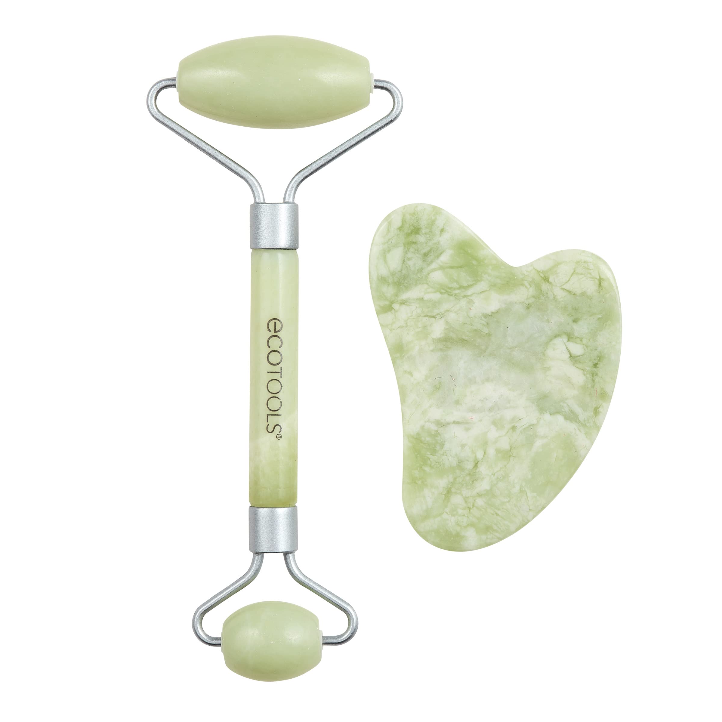 EcoTools Beauty Skin Care Tool Jade Facial Roller and Gua Sha Stone Duo, Face Roller and Massager, Skincare and Sculpting Tools, Green, Promotes Healthy Skin, Massager, 2 Piece Set, 1 Count