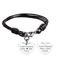 MeMeDIY Personalized Leather Bracelet with Photo Custom Initials Name for Women Men Heart Round Tag Stainless Steel Pendant Cuff Bangle Multi-Layer Cord Birthday Gift