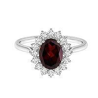 Princess Diana Inspired 925 Sterling Silver Oval Cut Garnet Gemstone Halo Accents Floral Ring