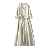 Women Korean Style Lace-Up Waist-Defined Henley Shirt Dress Summer Cotton Linen Half Sleeve Casual A-Line Dresses