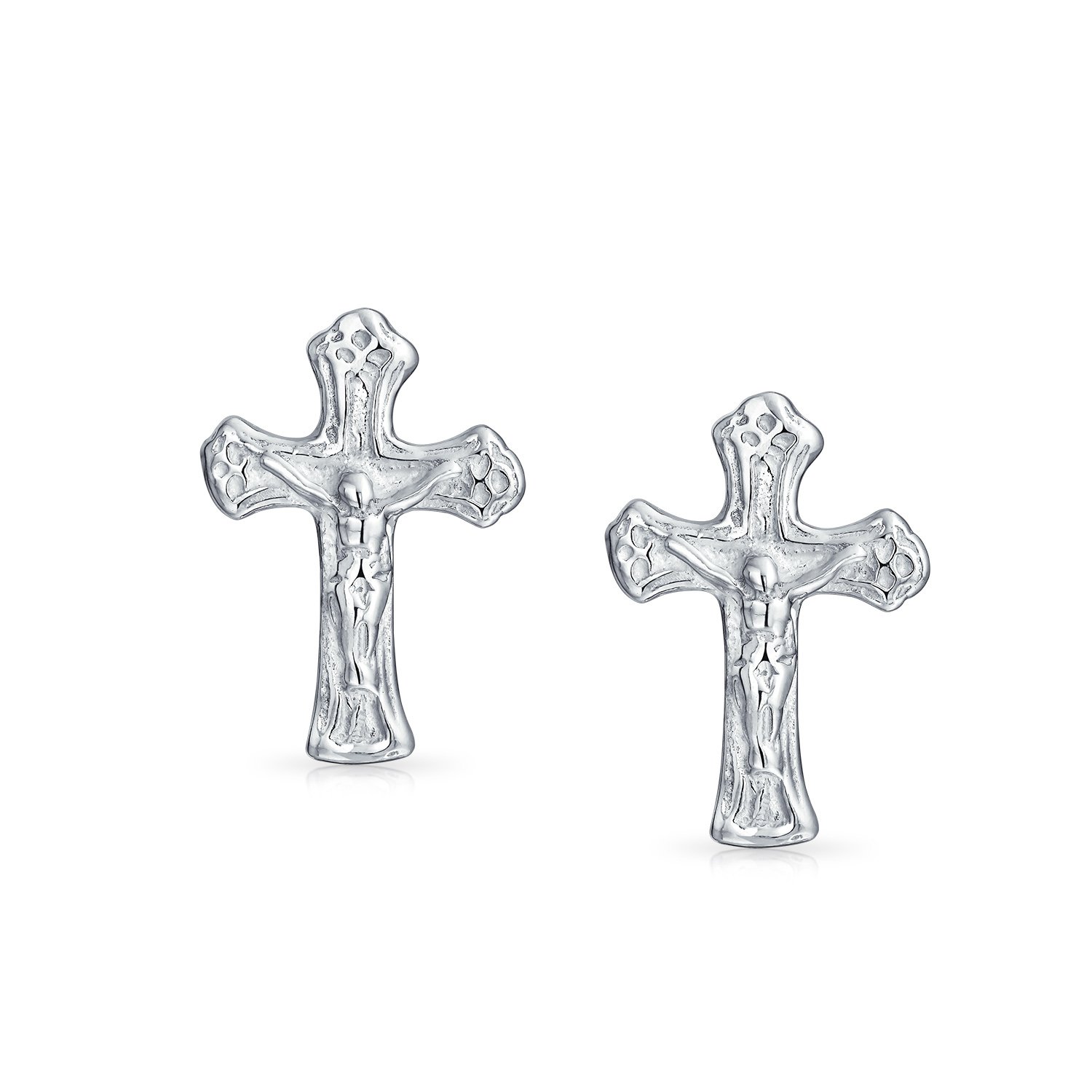 Catholic Crucifix Cross Religious Tiny Stud Earrings For Women For Men Teen Communion Gift .925 Sterling Silver