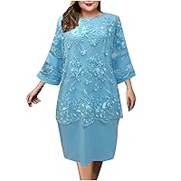 Plus Size Mesh Cocktail Evening Party Dress for Women Crew Neck 3/4 Bell Sleeve Wedding Guest Midi Formal Dresses