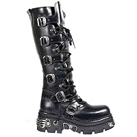 New Rock Unisex 272-S1 Black Metallic Reactor Gothic Knee High Leather Zip Buckle Boots