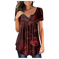 Women Blouses,Tunic Plus Size Short Sleeve Summer Shirt Love Printed Sexy Button V-Neck Blouse for Valentine's Day