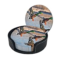 (Mallard Ducks) Coaster Set 6 Monogrammed Coasters for Drinks Coffee Table Bar Beer Wine Leather Coasters for Men Women Home Modern Coasters Gift