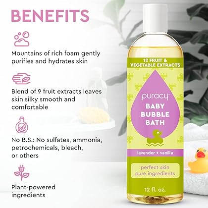 Puracy Bubble Bath for Children, Gently Scented with Real Lavender & Vanilla, 98.75% Natural Baby Bubble Bath, Plant-Based Moisturizers for All Skin Types, Tear-Free for Daily Use, 12 Fl Oz