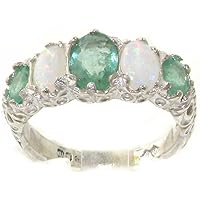 925 Sterling Silver Real Genuine Emerald and Opal Womens Band Ring
