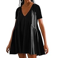 Women's Baby Doll Dress Summer Casual Tunic Dresses Pleated Flowy Swing Short Sleeve V Neck Beach Mini Dress (Large, Black)