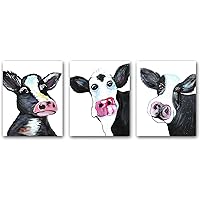 Rustic Cute Cow Wall Art, Bathroom Cow Canvas Art Print, Whimsical Cow Painting, Black and White Country Farmhouse Farm Animal Cattle Prints for Bedroom Bathroom Decor, Set of 3-(8