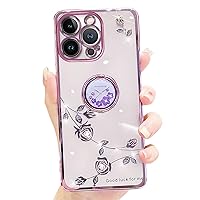 Luxury Compatible with iPhone 14 Pro Max 6.7 Inch Case, Bling Diamond Rose Flower Cover with The Same Kickstand, Plating Camera Protection Soft Clear Cases for Women Girls(Purple)