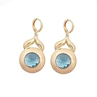 Round Shape Blue Topaz Hydro Gemstone Brass Handmade Gold Plated Design Clip-On Dangle Earrings