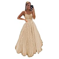 Tulle Laces Applique Prom Dresses Spaghetti Straps Backless Formal Ball Gown Corset Princess Dress