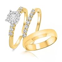 3/4 Ct Round Sim Diamond Men's & Ladies Engagement Ring Trio Set 14K Yellow Gold Fn