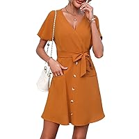 Surplice Neck Belted Dress (Color : Brown, Size : X-Small)