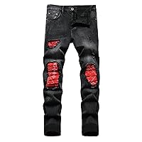 Fashionable Motorcycle Jeans Men's Distressed Stretch Ripped Hip Hop Slim Fit Ripped Punk Denim Cotton Trousers