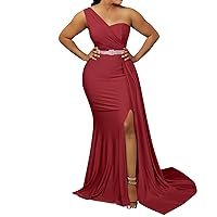 Women Sexy One Shoulder Long Prom Dress Elegant Bodycon Maxi Formal Party Evening Gowns with Lace Dresses with