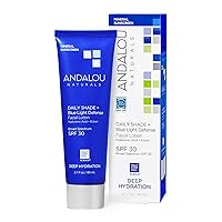Andalou Naturals Face Sunscreen, SPF 30 Daily Shade + Blue Light Defense Facial Lotion, Broad Spectrum Protection, Deeply Hydrating Mineral Sun Block with Hyaluronic Acid & Zinc Oxide, 2.7 Fl Oz