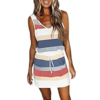 Sundresses for Women,2024 Summer Casual Loose Sling V Neck Mini Dress,Trendy Striped Drawstring T Shirt Dress with Pockets