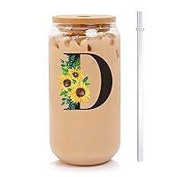 Initial Glass Cups with bamboo Lids and Straws,Initial Sunflower 16oz Iced Coffee Mug,Sunflower Tumbler Cup,Personalized Gifts Birthday Monogrammed Gifts for Women,Mom,Friend,Sister