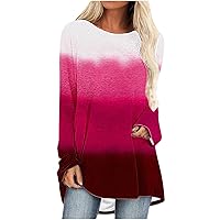 Casual Tshirts Womens Long Sleeve Tunic Tops Round Neck Shirts Hide Belly Tops Loose Flowy Tees Gradient T Shirts
