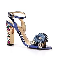 designer slides evening gold dress shoes for womens -open toe rhinestone heels formal sandals for women- jewel block heels wedding clear shoes (Blue/3, numeric_11_point_5)