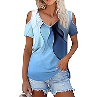 Womens Loose Fit Tunic Tops 2024 Holiday Cold Shoulder Short Sleeve Print V Neck Tees Casual Relaxed Fit T-Shirt