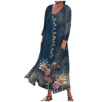 Dresses for Women 2024 Printed 3/4 Sleeve Dress with Pocket Casual Flowy Beach Dress Vacation Lightweight Dresses