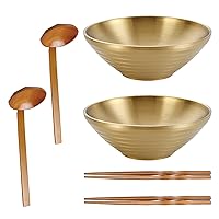 2 Sets Large Japanese Noodle Bowls (10 inch, 68 oz), Gold Color, 18/10 (SUS304) Stainless Steel, with Matching Bamboo Spoons and Chopsticks, for Ramen, Udon and Soba