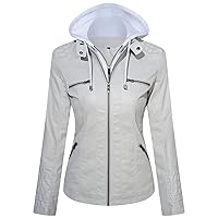 HOOD CREW Fashion Women’s Faux Leather Jacket Biker Coat with Removable Hood