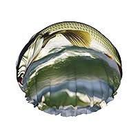 Bass Fishing Wave Print Double Layer Waterproof Shower Cap, Suitable For All Hair Lengths (10.6 X 4.3 Inches)