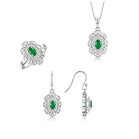 Matching Jewelry Set 14K White Gold Floral Pattern Halo Pendant Necklace, Earrings & Matching Ring. Gemstone & Diamonds, 18