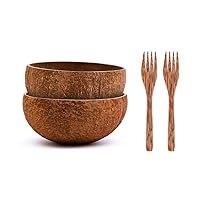 2 Eco-Friendly Raw Coconut Bowls (Jumbo) w/ 2 Coconut Wood Forks - 100% Natural, Organic Kitchen Set - Handcrafted from Reclaimed Coconut Shells + Offcuts