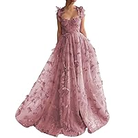 Women's 3D Butterfly Tulle Prom Dress Lace Applique Sweetheart Long Slit Formal Evening Gown