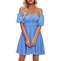 Puffy Sleeves Dress for Women, Women's One Line Neckline Bubble Short Sleeved Temperament Pleated High, S XL