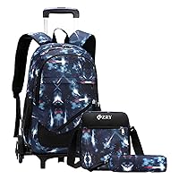 3Pcs Blue Space Boys Rolling Backpacks for Middle School Trolley Wheeled Elemntary Bookbags on 6 Wheels