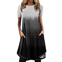 Plus Size Dresses for Women Casual Sundress Solid Color/Print Round Neck Pullover Mini Dress Loose Short Sleeve Dress Gray XX-Large