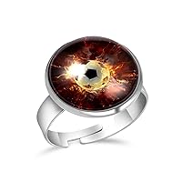 Fire Burning with Football Adjustable Rings for Women Girls, Stainless Steel Open Finger Rings Jewelry Gifts