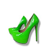 Frankie Hsu Ladies Sexy Platform Stiletto High Heeled Pumps, Lovely Neon Fluorescent Green Patent Style, Big Large Size US4-19 Dressy Shoes for Women Men