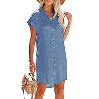 Women's Chambray Button Down Shirt Dresses with Pockets Denim Cotton Button Up Tunics Short Sleeve Solid Blouse Tops