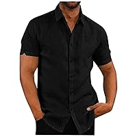 Men's Linen Solid Color Stripe Lapel with Pocket Loose Dress Shirt Button Down Short Sleeve Casual Beach Shirt