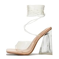 Cape Robbin Swag Women's Lace-up Heels for Women Sexy - Women Heels with Square Open Toe - Tie Up Clear Heels Heeled Sandals - Strappy Prom Shoes for Women
