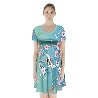 PattyCandy Women's Cherry Blossoms Short Sleeve V-Neck Flare Dress,XS-3XL