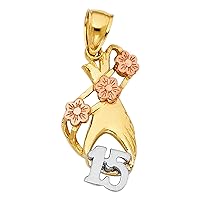 14k Yellow White Rose Gold 15 Birthday Pendant Quinceanera Hand & Flowers Charm Style 21 x 12 mm