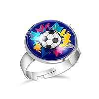 Soccer Ball Blue Adjustable Rings for Women Girls, Stainless Steel Open Finger Rings Jewelry Gifts