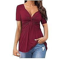 Sexy Tops for Women V-Neck Short Sleeve T-Shirt Dressy Blouses Tops Solid Color Tunic Pullover Tees for Leggings